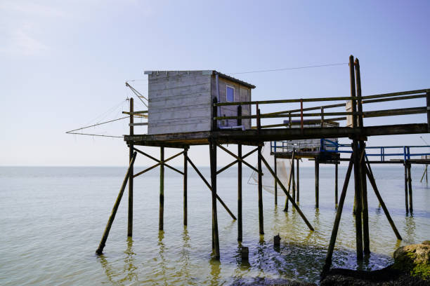 typical wooden hut cabin for fisherman in river garonne meschers-sur-gironde atlantic coast france - fishing hut imagens e fotografias de stock