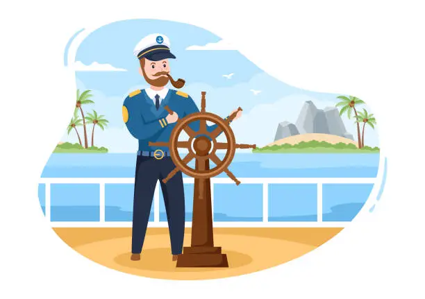 Vector illustration of Man Cruise Ship Captain Cartoon Illustration in Sailor Uniform Riding a Ships, Looking with Binoculars or Standing on the Harbor in Flat Design