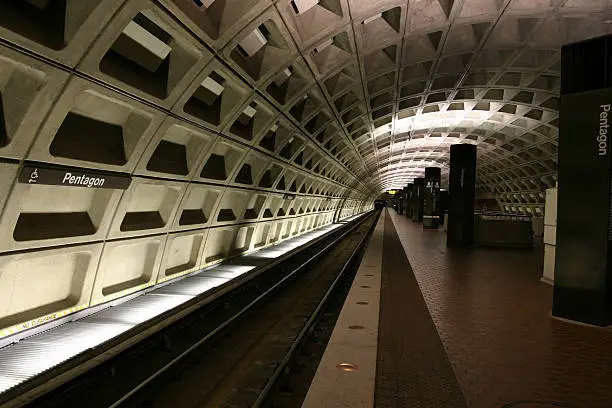 This is a beautiful shot of the deserted Pentagon subway station late at night.