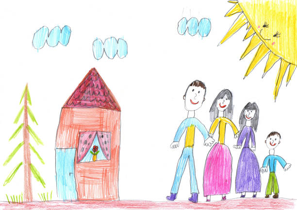 illustrations, cliparts, dessins animés et icônes de dessin d’enfant d’une famille heureuse. art du crayon dans un style enfantin - childs drawing child preschool crayon