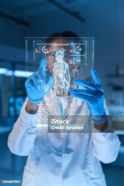 A Small Hud With A Human Body Image And A Scientist Or A Doctor Working With It Stock Photo - Download Image Now