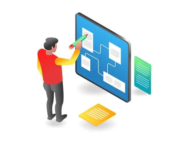 Vector illustration of Flat isometric illustration concept. man is recording business structure points