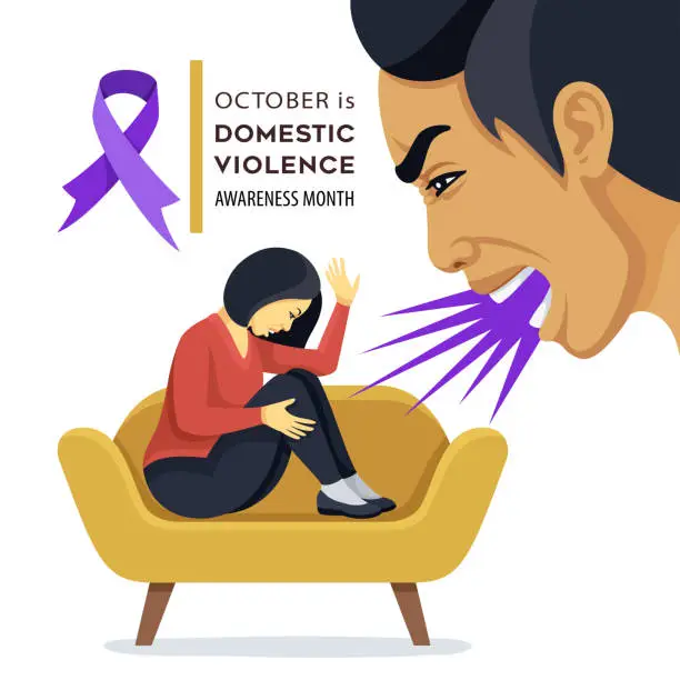 Vector illustration of Domestic Violence Awareness Month in October. Abused Asian Woman.