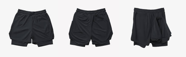 istock Mockup of men's black shorts with underpants compression line, isolated on background, front, back view. 1396806560
