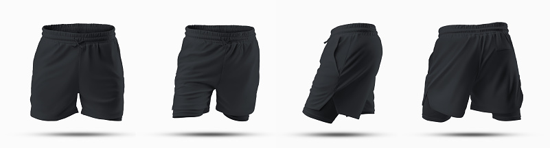 Mockup of black loose shorts with underpants compression line, 3D rendering, isolated on background, front, back, side view. Set of men's sportswear for sports, training, running.