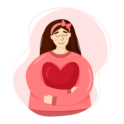 Woman hug heart isolated on white background. Self-love, love yourself, mental health, acceptance myself. Design element. Flat vector illustration