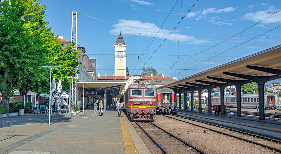 The central railway station of Burgas Bulgaria.Burgas is surrounded by the Burgas Lakes and located at the westernmost point of the Black Sea