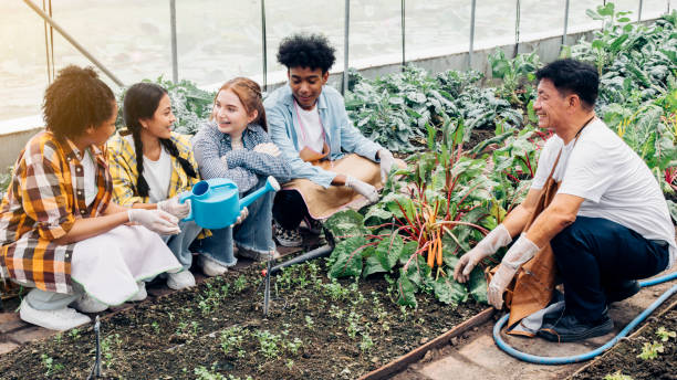 los adolescentes aprenden sobre la horticultura - school farm fotografías e imágenes de stock