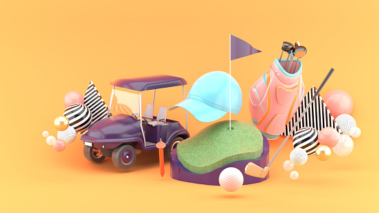 Green golf surrounded by golf carts, caps, golf balls, golf clubs and golf bags among colorful balls on an orange background.-3d rendering.