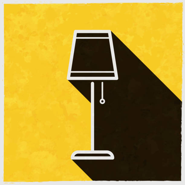 Floor lamp. Icon with long shadow on textured yellow background Icon of "Floor lamp" in a trendy vintage style. Beautiful retro illustration with old textured yellow paper and a black long shadow (colors used: yellow, white and black). Vector Illustration (EPS10, well layered and grouped). Easy to edit, manipulate, resize or colorize. Vector and Jpeg file of different sizes. light-switch-clip-art stock illustrations