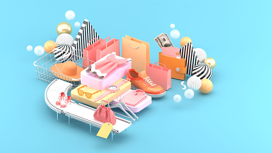 Dresses, wristwatches, glasses, handbags, high heels and sneakers surrounded by shopping bags and colorful balls on a blue background.-3d rendering.\