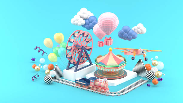 Carousel, Ferris wheel, train, balloon and plane surrounded by colorful balls on a blue background.-3d rendering. stock photo