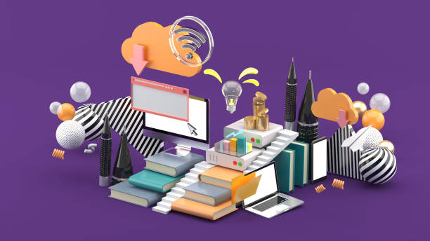 istock Computers, laptops and smartphones On the stack of books And the Cloud system Surrounded by colorful balls on a purple background.-3d rendering. 1396808026