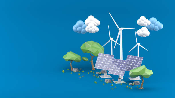 Wind turbines, solar cells and trees on a blue background.-3d rendering. stock photo