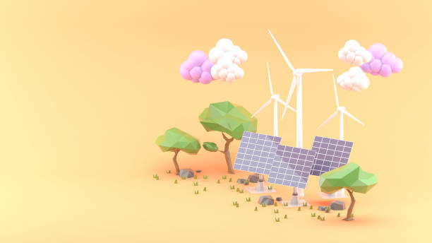 istock Wind turbines, solar cells and trees on an orange background.-3d rendering. 1396808057