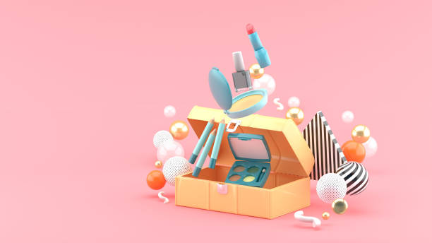 Cosmetics float out of the box surrounded by colorful balls on a pink background.-3d rendering. stock photo