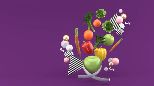 Apple wrapped with the temple line is Surrounded by vegetables on a purple background.-3d rendering. stock photo