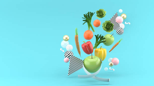 istock Apple wrapped with the temple line is Surrounded by vegetables on a blue background.-3d rendering. 1396808123