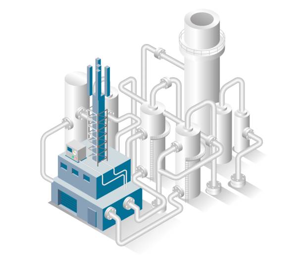 illustrazioni stock, clip art, cartoni animati e icone di tendenza di illustrazione del concetto di progettazione isometrica. condotti e tubazioni per fabbriche di petrolio e gas - gasoline factory station chimney