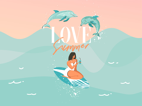 Hand drawn vector stock abstract graphic illustration with a swimsuit swimming surfing woman with a jumping dolphins isolated on blue ocean wave background.