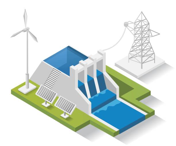 ilustraciones, imágenes clip art, dibujos animados e iconos de stock de ilustración del concepto de diseño isométrico. paneles de energía solar con presas - hydroelectric power