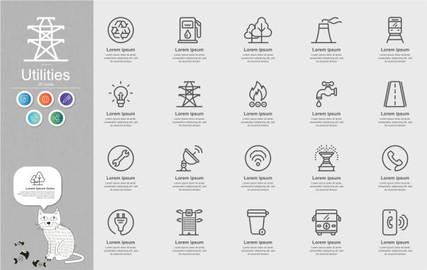illustrazioni stock, clip art, cartoni animati e icone di tendenza di infografica sul contenuto delle icone delle linee delle utilità - industrial windmill nature recycling computer icon
