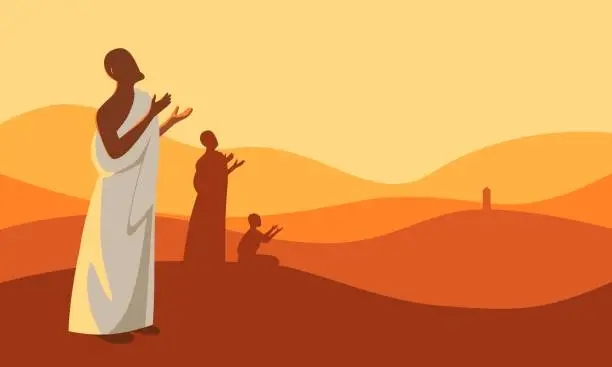 Vector illustration of Muslim men perform Hajj. praying in the mountains of Jabal Rahmah in Arafat. faceless flat style. vector illustration.