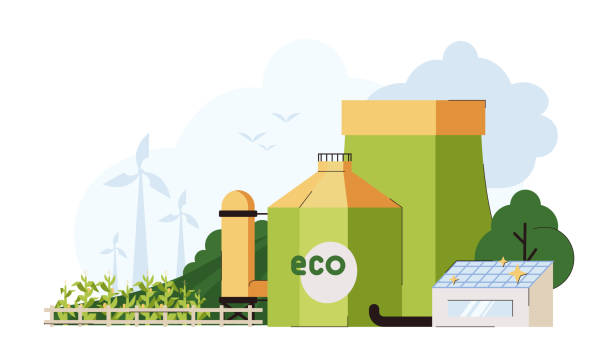 Flat biofuel production plant with corn field Flat biofuel production plant with cornfield plantation. Eco industrial factory. Biodiesel or biogas production energy from organic corn for biomass. Alternative power, eco renewable industry. corn biodiesel crop corn crop stock illustrations