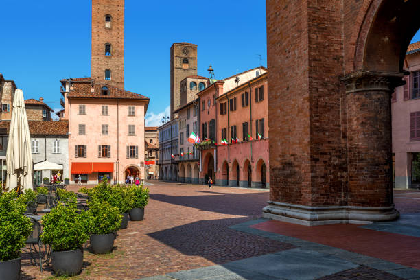 istock Cobblestone town square in Alba, Italy. 1396813313