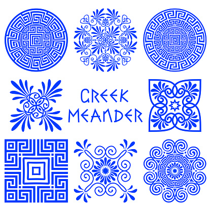 Collection of vector round, square ornaments in the old classical Greek style. Traditional mediterranean blue patterns isolated on white background. For the design of logos, plates, vignettes, books