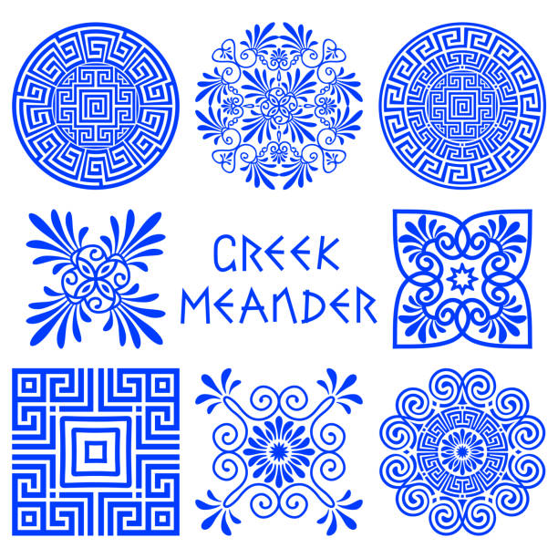 Collection of vector ornaments in the old classical Greek style Collection of vector round, square ornaments in the old classical Greek style. Traditional mediterranean blue patterns isolated on white background. For the design of logos, plates, vignettes, books greece stock illustrations