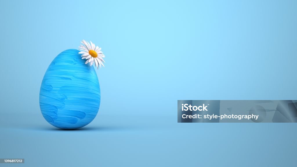 Blue Easter Eggs Daisy Flower Blue Easter egg with the white daisy flower. 3d illustration. Blue Stock Photo