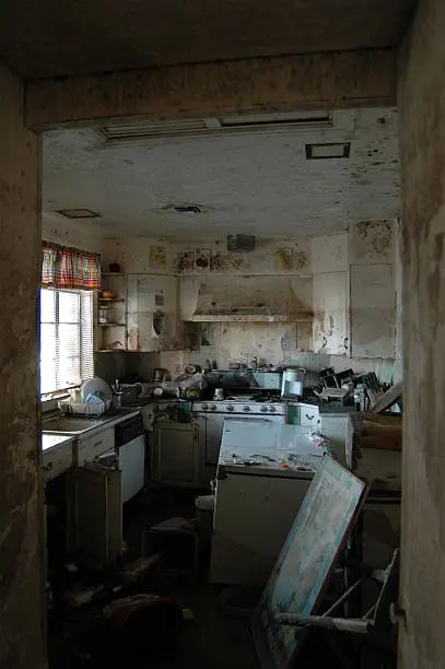 Remains of the kitchen in a New Orleans home after being flooded by hurricane Katrina.