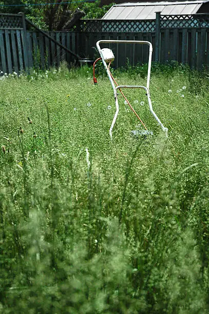 Lawn mower in backyard, obviously never been used