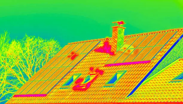 Photo of Thermographic inspection of photovoltaic systems by house.Thermovision image of solar panels. Infrared thermovision image. Infrared thermography in inspection of photovoltaic panels.