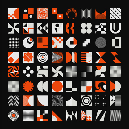 Modernism aesthetics vector abstract shapes collection made with minimalist geometric forms and graphics elements for poster, cover, art, presentation, prints, fabric, wallpaper and etc.