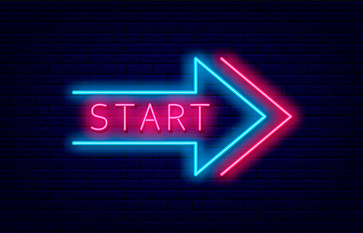 Start sign in neon arrow frame. Game concept on brick wall background. Bright flyer. Simple emblem. Glowing effect poster. Editable stroke. Vector stock illustration