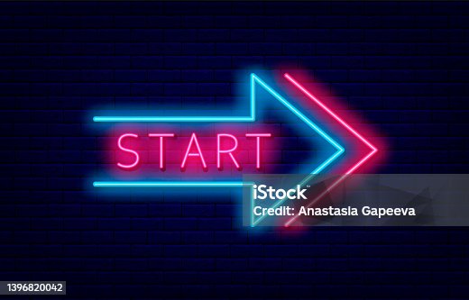 istock Start sign in neon arrow frame. Game concept on brick wall background. Bright flyer. Vector stock illustration 1396820042