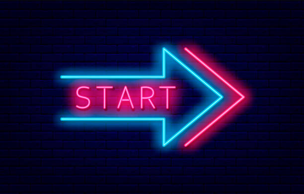 start sign in neon arrow frame. game concept on brick wall background. bright flyer. vector stock illustration - 開始 幅插畫檔、美工圖案、卡通及圖標