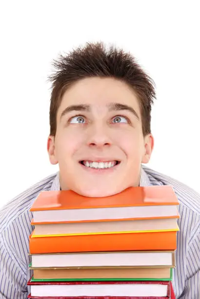 Funny Student with the Books Isolated on the White