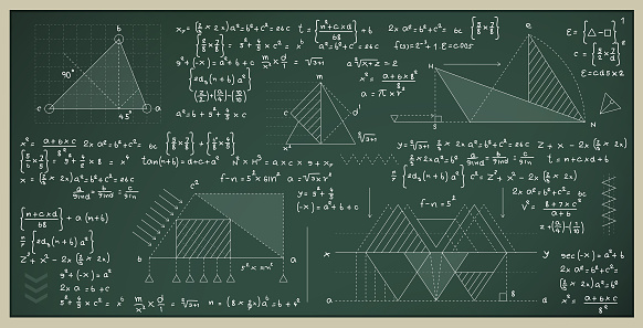 Mathematical and scientific formulas for finding the area of a triangle on a blackboard.