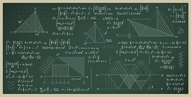 Mathematical formula to find the area of a triangle. Mathematical and scientific formulas for finding the area of a triangle on a blackboard. queens college stock illustrations