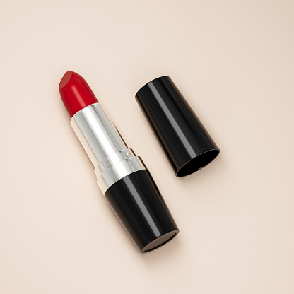 Fashion Red lipsticks on beige background flat lay top view copy space. Beauty and cosmetics background. makeup, women's lipstick, beauty brand, product design 3d illustration