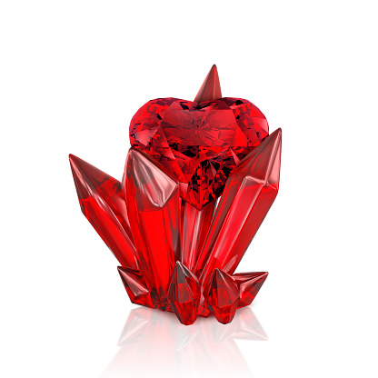 Red heart shaped diamond, on emerald red crystal isolated on white background. 3d render