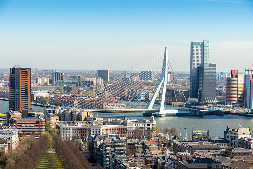Rotterdam skyline with a clear blue sky with the Erasmus bridge.