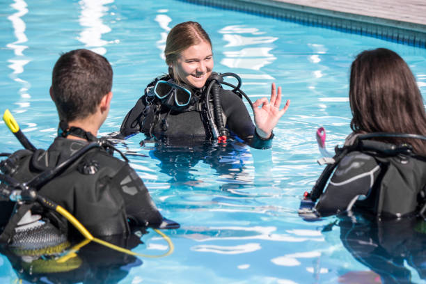 istock Scuba dive training in the pool with an instructor showing the OK sign 1396827770