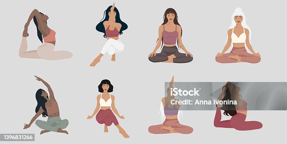 istock Women silhouettes. Collection of yoga poses in flat styles"t 1396831266