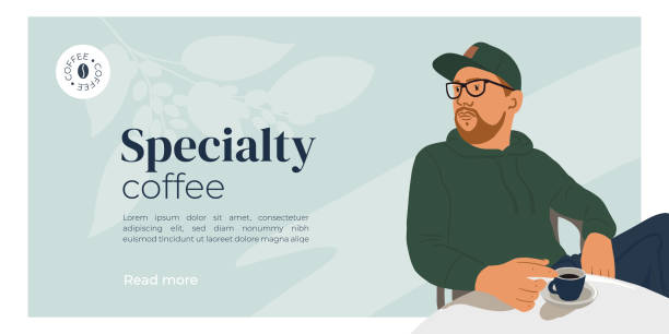 layout-design-vorlage des spezialitätenkaffeehauses mit vektor-illustration des mannes, der am tisch sitzt und espresso trinkt - espresso men coffee shop drinking stock-grafiken, -clipart, -cartoons und -symbole