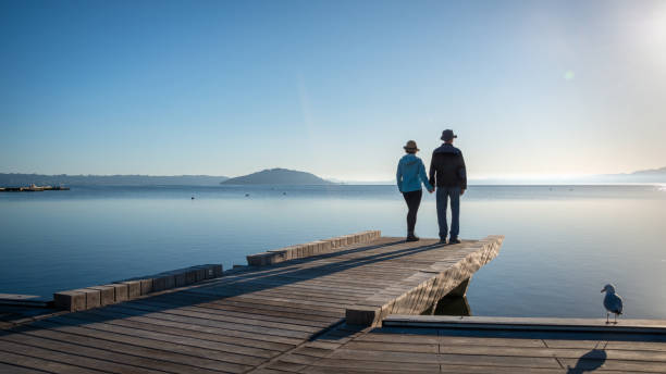 istock Couple holding hands, standing on the lakefront boardwalk, Rotorua. 1396831706