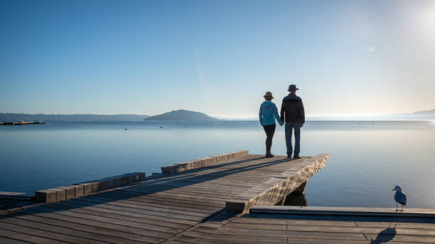 Couple holding hands, standing on the lakefront boardwalk, Rotorua. Couple holding hands, standing on the lakefront boardwalk, Rotorua. rotorua stock pictures, royalty-free photos & images
